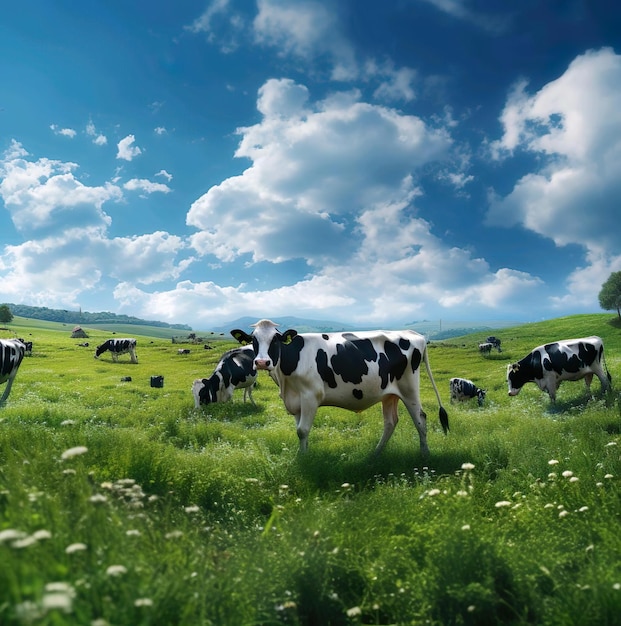 Un couple de vaches se tient dans un champ avec un fond de ciel