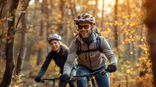 Un couple en vélo de montagne en plein air