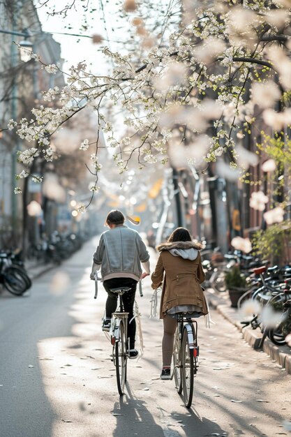 Photo un couple en vélo en ville le jour blanc