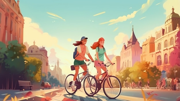 Photo un couple avec des vélos dans le parc d'été