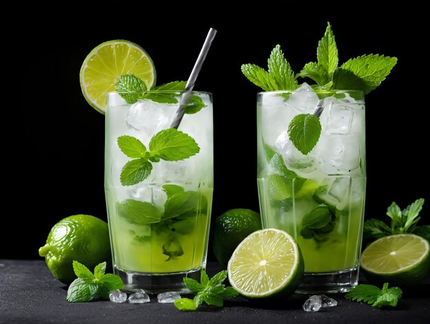 Un couple de verres remplis de glace et de citrons verts