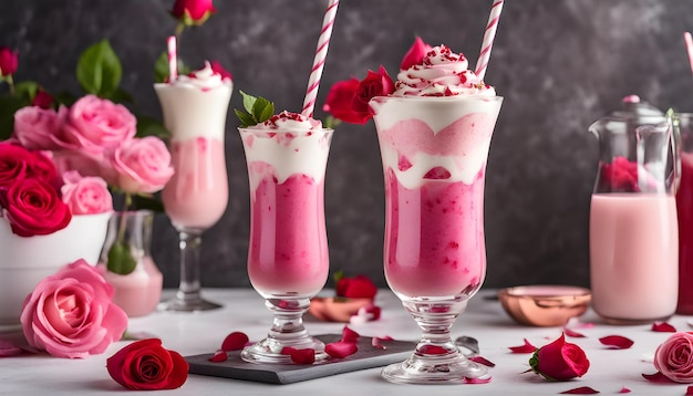 un couple de verres avec des roses roses et un gâteau avec une fraise en forme de cœur au milieu