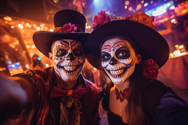 Un couple vêtu de costumes d'Halloween capturé dans un moment de joie alors qu'il prend un selfie