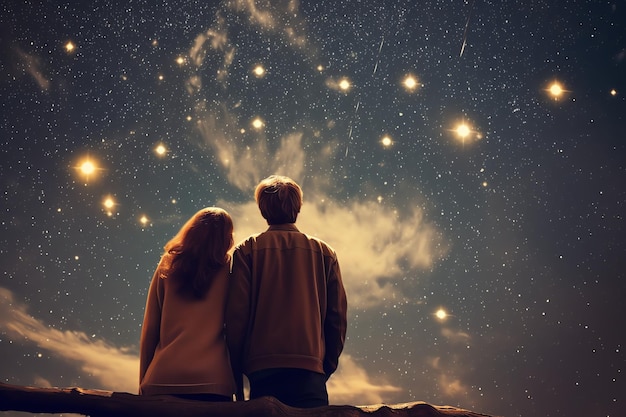 Photo un couple vintage regardant le ciel nocturne avec des étoiles filantes.