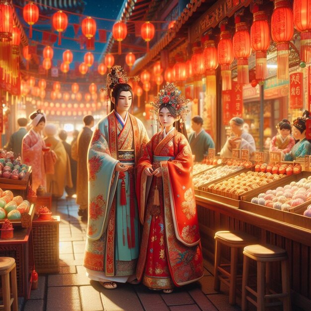 Un couple visite le marché chinois Le marché chinois Le festival du Nouvel An chinois