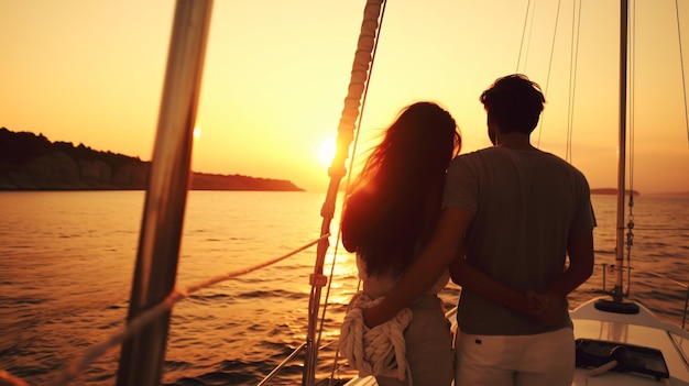 Couple sur un voilier avec le soleil couchant derrière eux