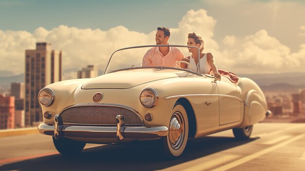 Un couple sur une voiture décapotable photo réaliste ultra nette IA générative