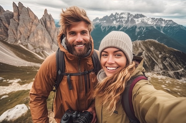 Couple voyageant ensemble dans une belle destination à la montagne réalisée avec l'IA générative