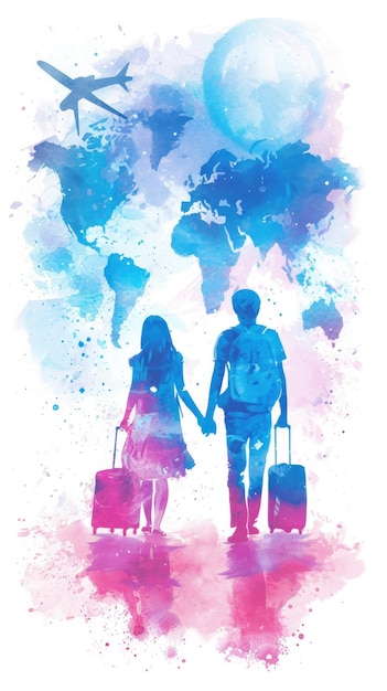 couple voyageant avec une valise en vacances dans un beau contexte pour voyager