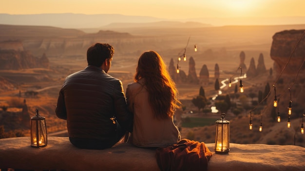 Un couple de voyageurs assis ensemble dans une vallée pittoresque