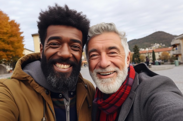 Photo couple de voyageurs gays interracial en vacances d'automne écart d'âge dans les relations et le concept de voyage