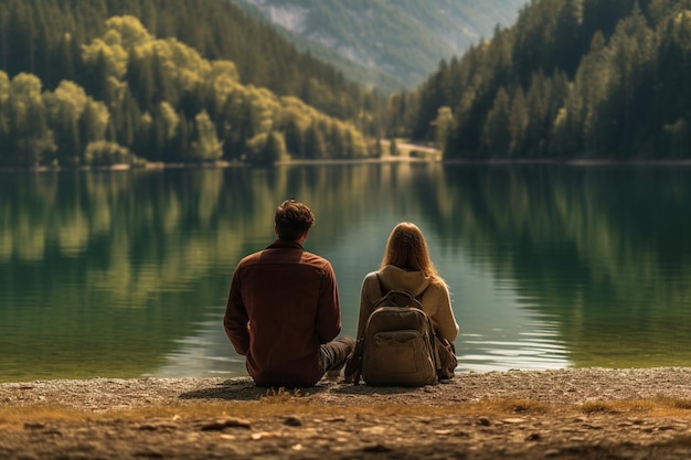 Couple de voyageurs regarde le lac de montagne