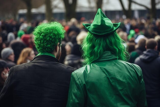 un couple vu de derrière déguisé pour le jour de Saint Patrick à une fête