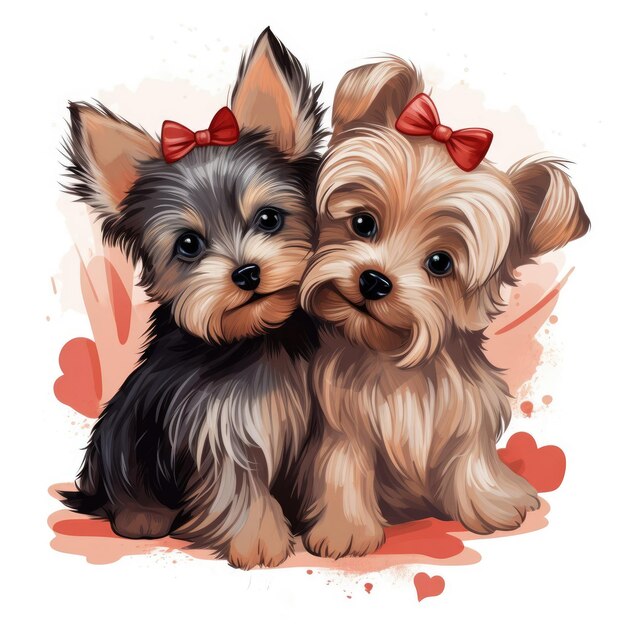 Un couple de Yorkshire Terrier avec des cœurs autour