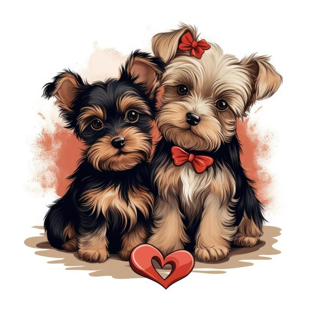 Un couple de Yorkshire Terrier avec des cœurs autour