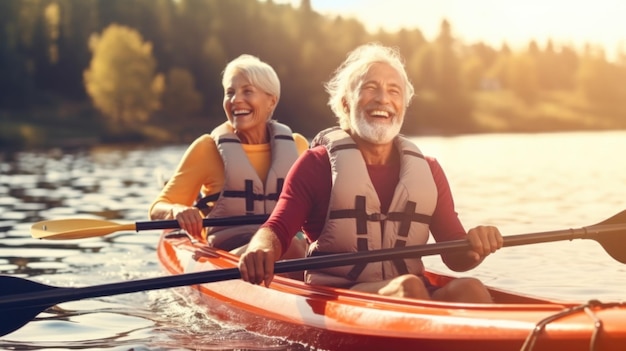 Des couples d'âge mûr font du kayak ou du canot sur un lac pittoresque. Voyage pour retraités