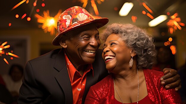 Des couples âgés s'amusent à danser la nuit dans un centre communautaire animé.