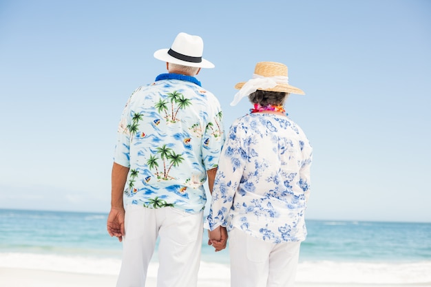 Couples aînés, tenant mains, sur, les, plage