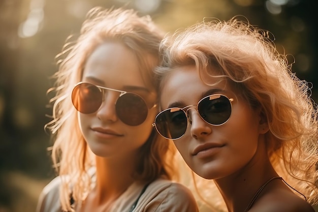 Couples amoureux heureux filles lesbiennes lgbt dans le parc en été au coucher du soleil Generative AI