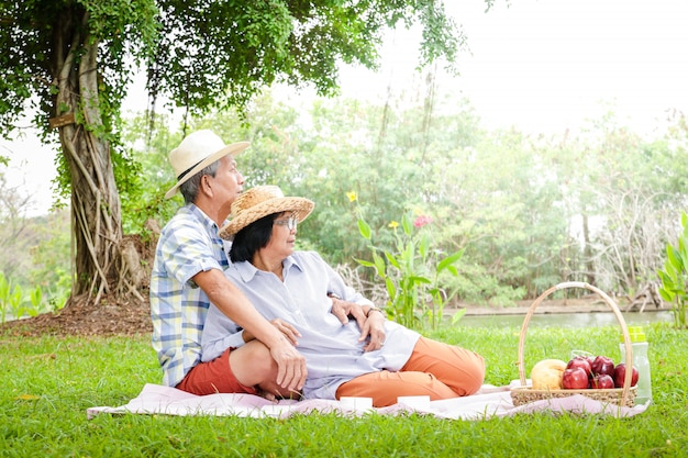 Les couples asiatiques âgés s'assoient pour pique-niquer et se détendre dans le parc