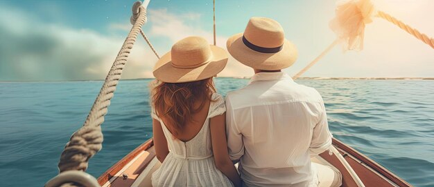 Photo des couples sur un bateau dans la mer avec des chapeaux