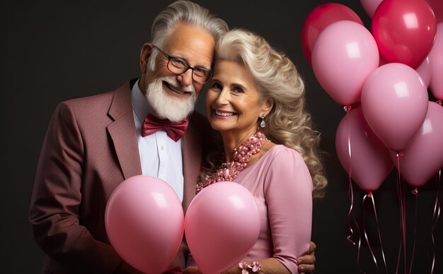 Couples de grands-parents tenant des ballons à cœur rose dans un portrait