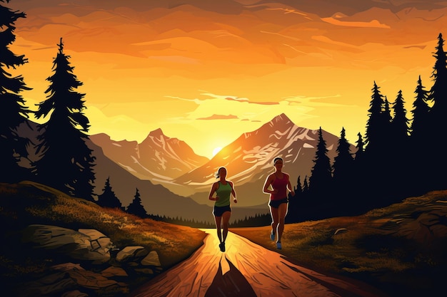 Des couples de montagne forts s'unissent pour un entraînement cardio au coucher du soleil se préparent pour une course de champions