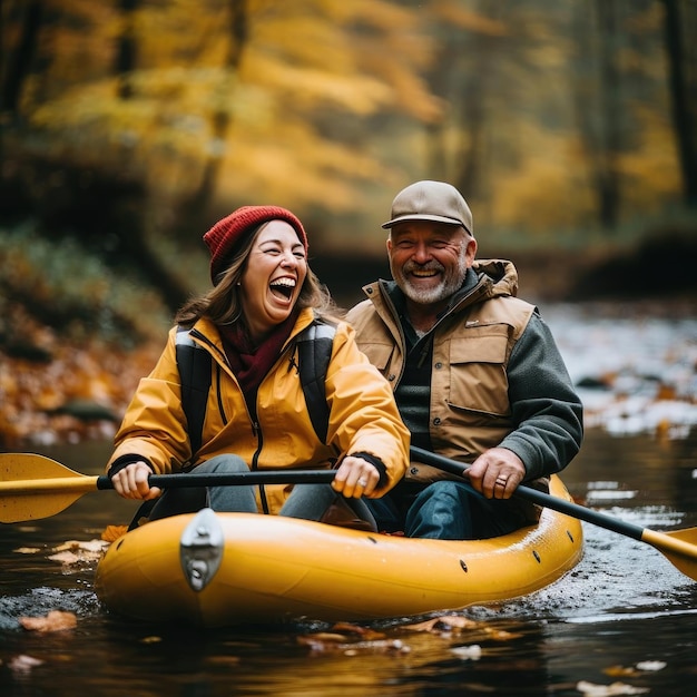 Photo des couples pagayant un kayak jaune dans une forêt d'automne