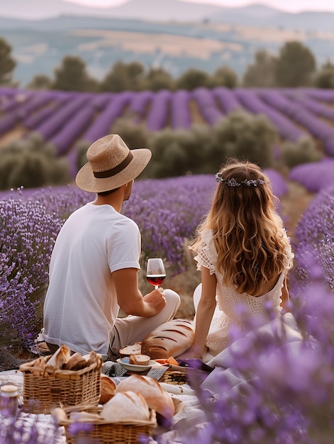 Des couples profitent d'un pique-nique romantique dans les champs de lavande du voisin