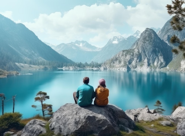 Couples regardant un lac dans les montagnes