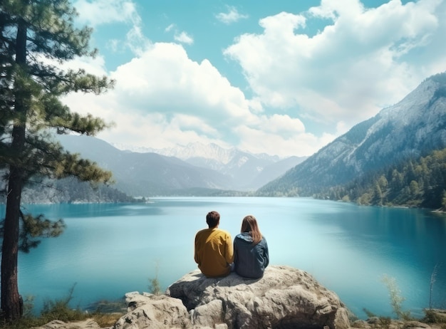 Couples regardant un lac dans les montagnes