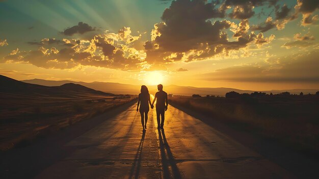 Photo des couples se tiennent la main en regardant le coucher de soleil, le dernier câlin avant la séparation.