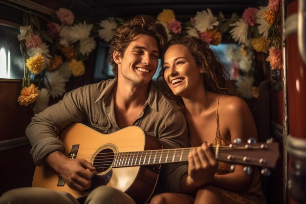 Des couples souriants avec une guitare sur leur van avec une IA générative