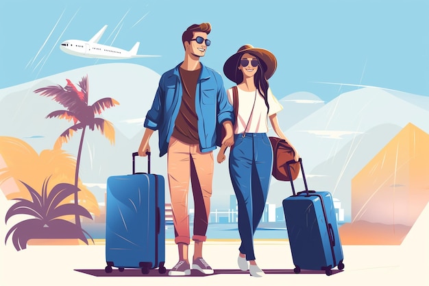 Couples de touristes de vecteur avec illustration de sacs de voyage