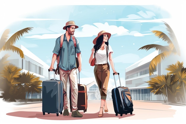 Couples de touristes de vecteur avec illustration de sacs de voyage