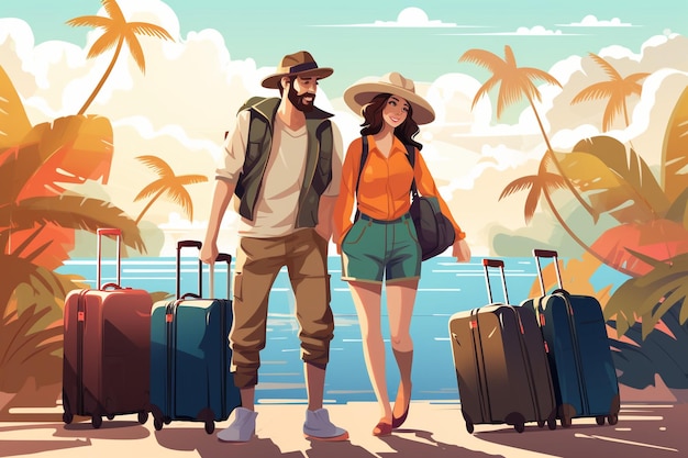 Couples de touristes de vecteur avec illustration de sacs de voyage