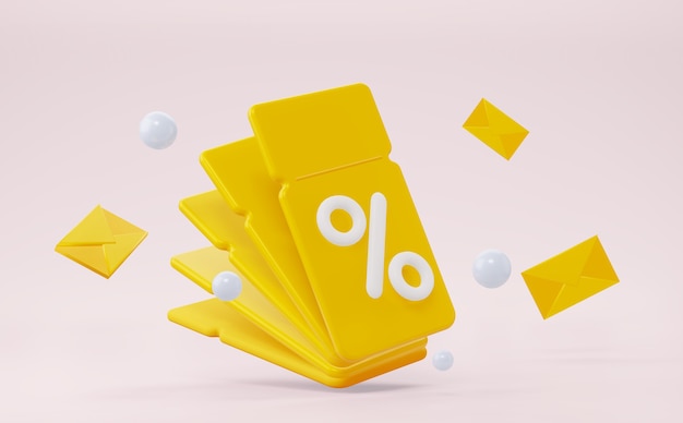 coupon 3d avec enveloppes et pourcentage. Pour les remises, le marketing et la promotion.