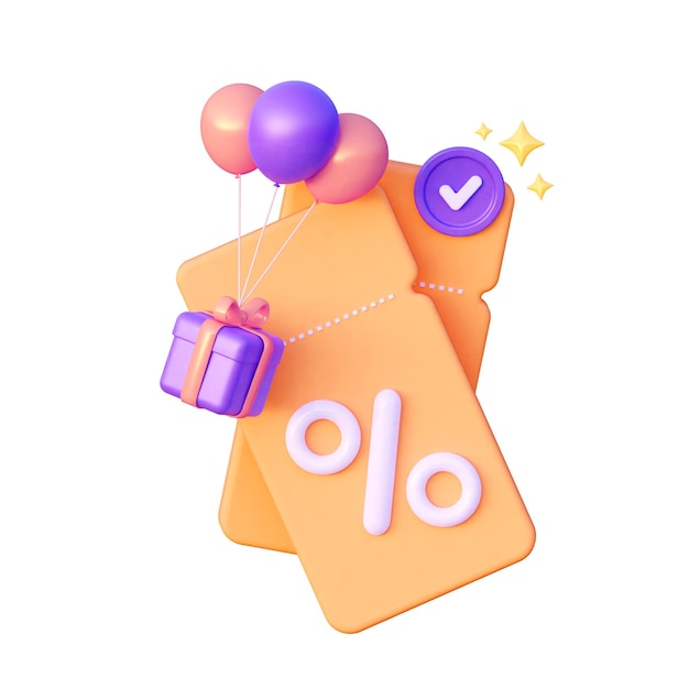 Coupon orange avec des ballons et des cadeaux Le concept d'une remise de vacances illustration de rendu 3D