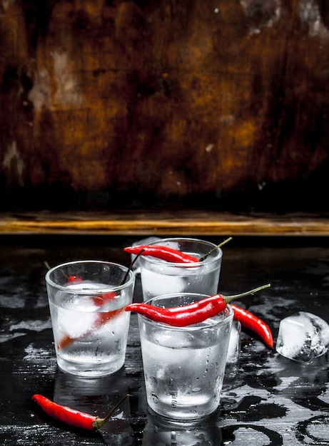 Coups de vodka au piment. Sur un fond en bois.