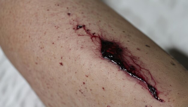 Une coupure à la jambe avec du sang qui s'écoule.