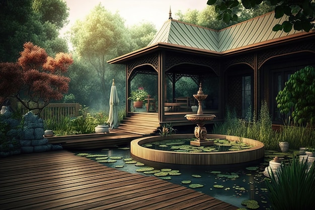 Cour arrière confortable avec terrasse en bois près d'une grande fontaine avec de l'eau
