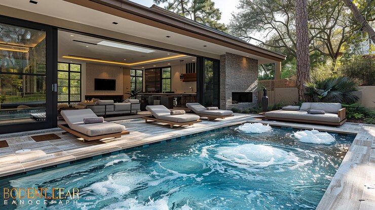 Photo cour arrière de maison de luxe moderne avec piscine et spa espace de vie extérieur spacieux avec mobilier de salon patio et caractéristiques d'eau