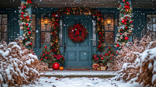 Cour avant de la maison avec des lumières de vacances décoratives sur les arbres en hiver