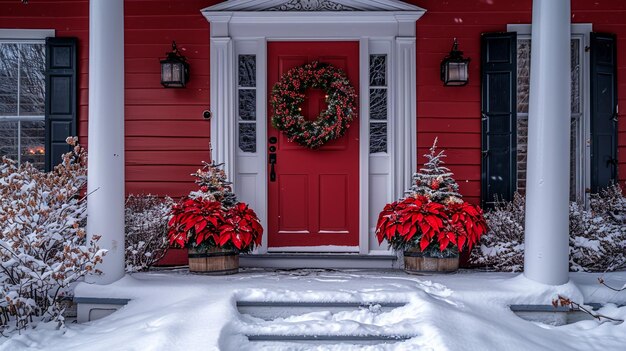 Cour avant de la maison avec des lumières de vacances décoratives sur les arbres en hiver