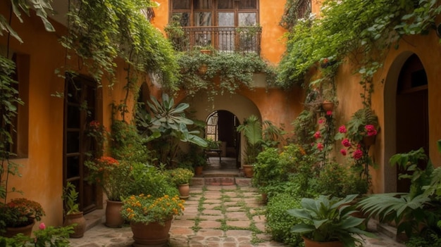 Une cour avec un balcon et des plantes au centre.