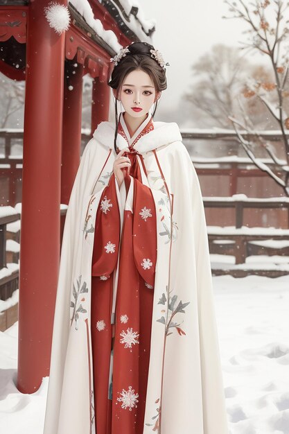 Cour de bâtiment de style ancien chinois, neige d'hiver, belle fille portant un manteau Hanfu, papier peint