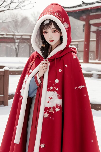 Cour de bâtiment de style ancien chinois, neige d'hiver, belle fille portant un manteau Hanfu, papier peint