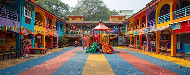 Photo la cour de l'école transformée en décor de fête