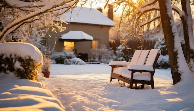 Une cour enneigée avec des arbres et des meubles d'extérieur un jour d'hiver