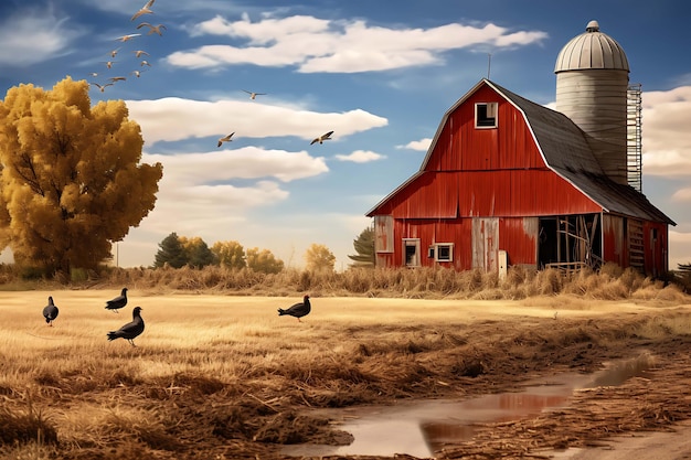 Cour de ferme rustique avec une grange rouge